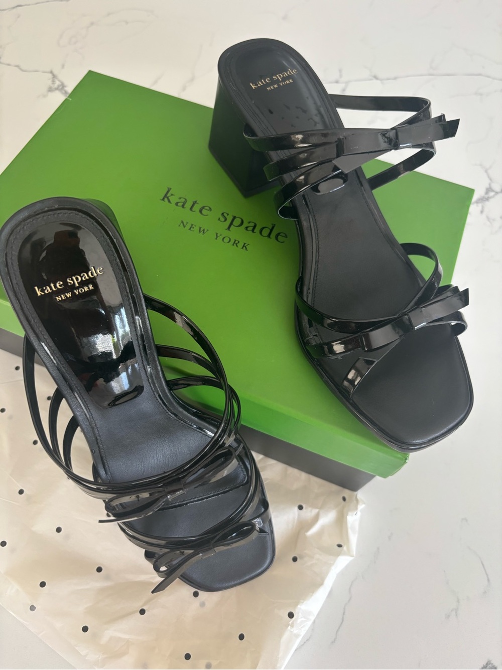 Brand New kate spade Black Patent Strappy Block Heels with Bow Detail